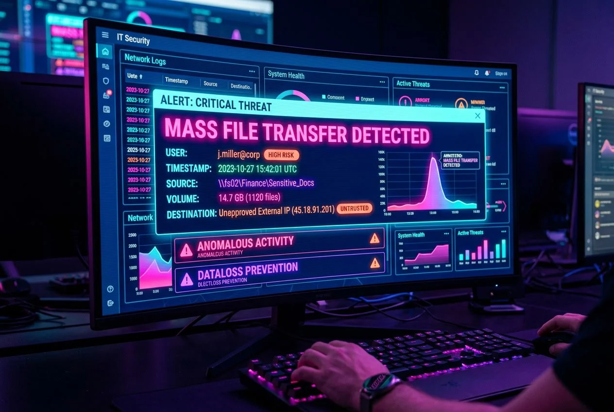 Computer monitor displaying cybersecurity alerts, including a mass file transfer detected and high risk warning, with graphs and system health indicators in a dark room with neon lighting.
