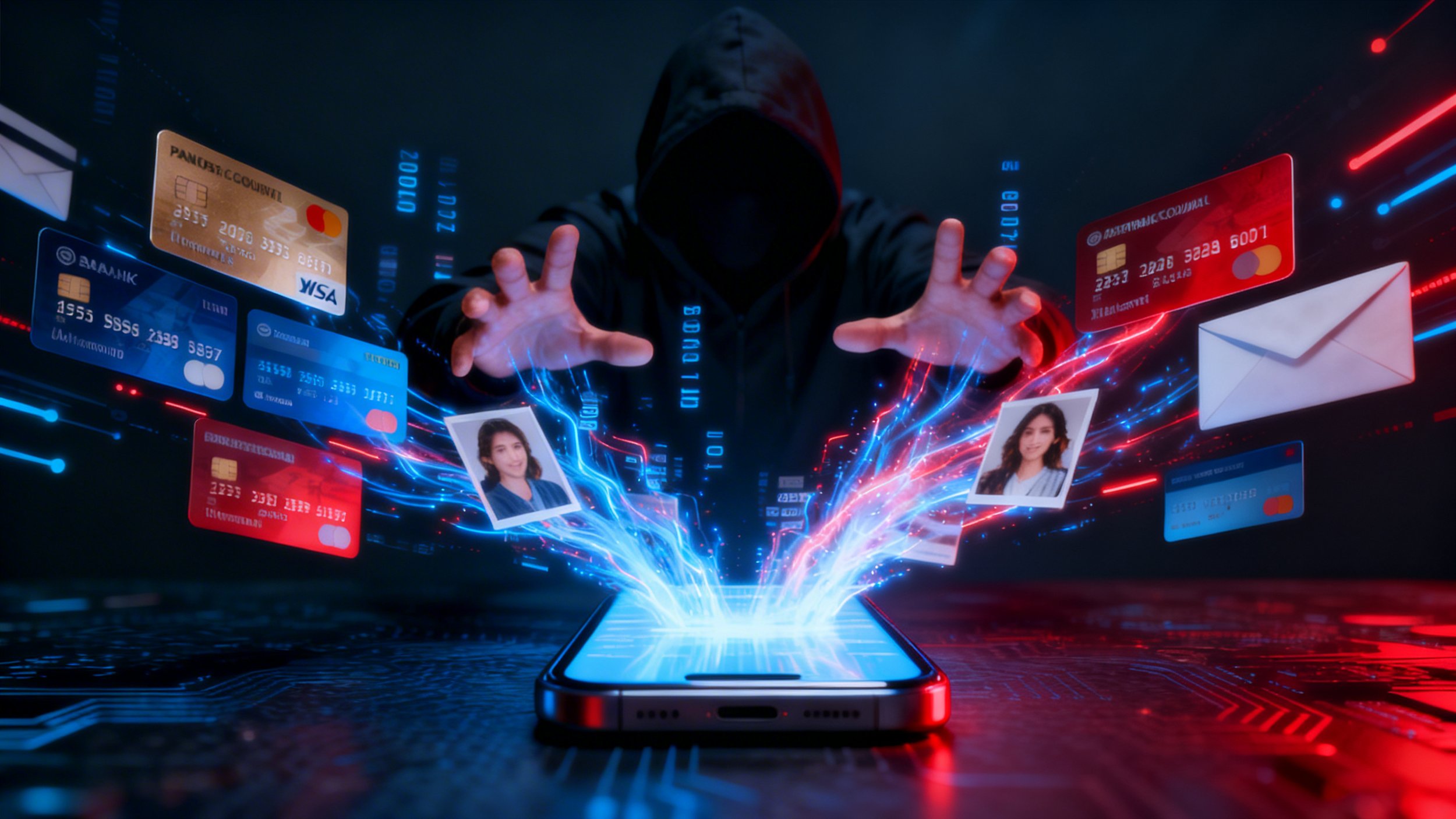Hooded cybercriminal reaching toward a smartphone as blue and red data streams burst out, surrounded by floating credit cards, ID photos, and an email icon.