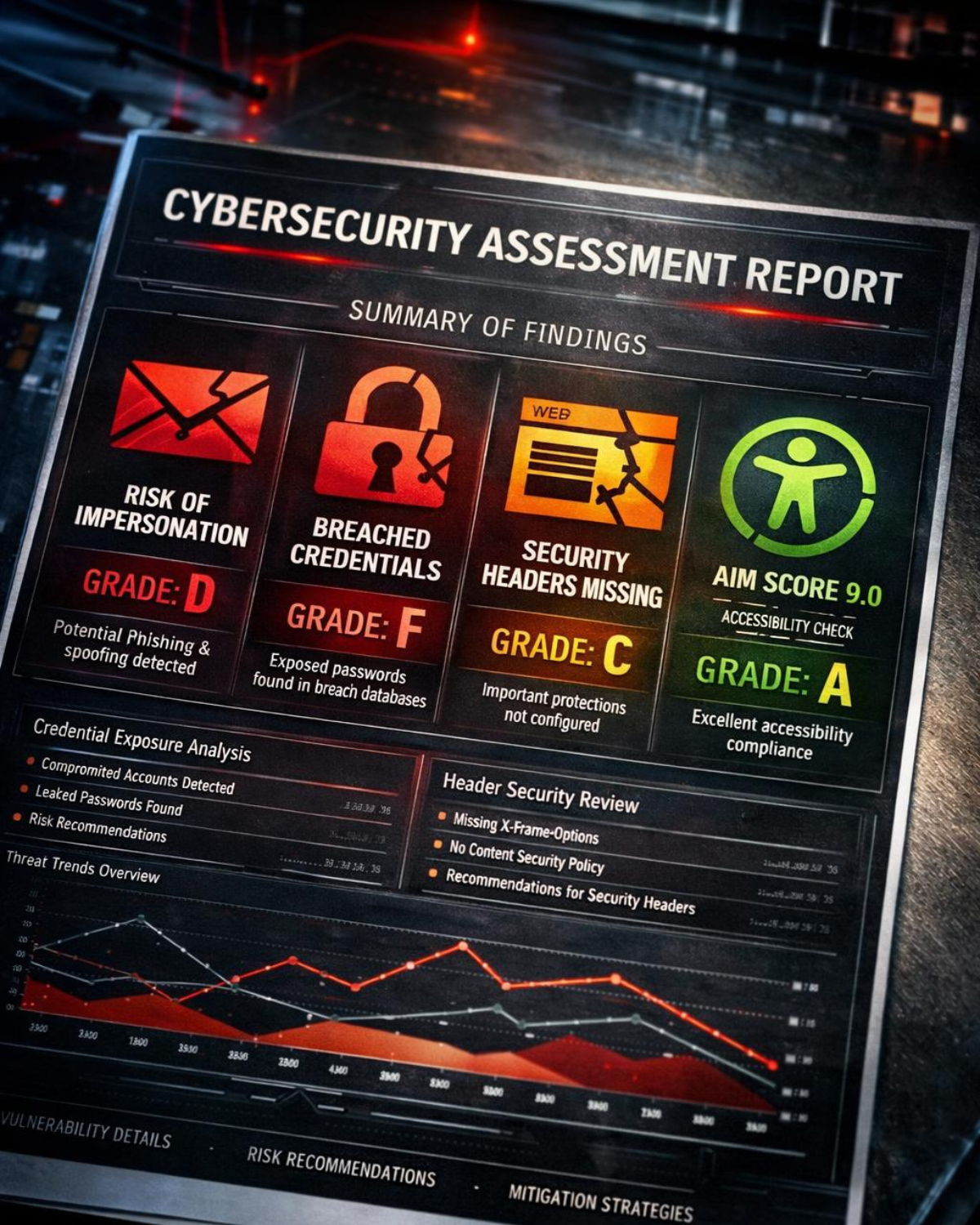 Cybersecurity report document with large icon grades visible