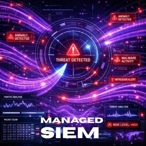 Futuristic digital interface displaying cybersecurity alerts, including threat detection, anomaly detection, malware activity, intrusion alert, high risk level, and traffic analysis, with neon purple and blue colors.