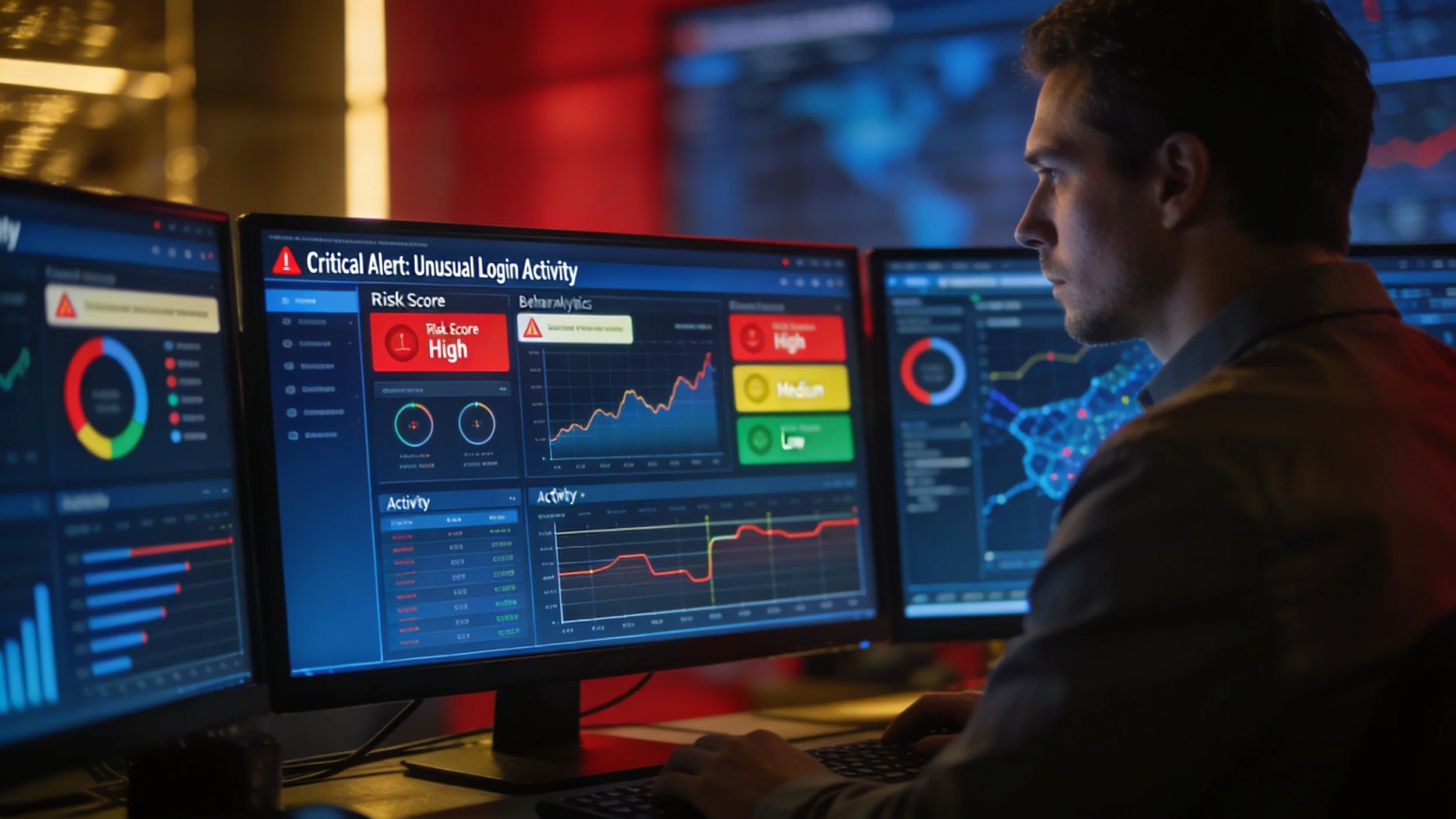 Security analyst monitoring insider threat detection dashboard showing user behavior analytics and suspicious activity alerts