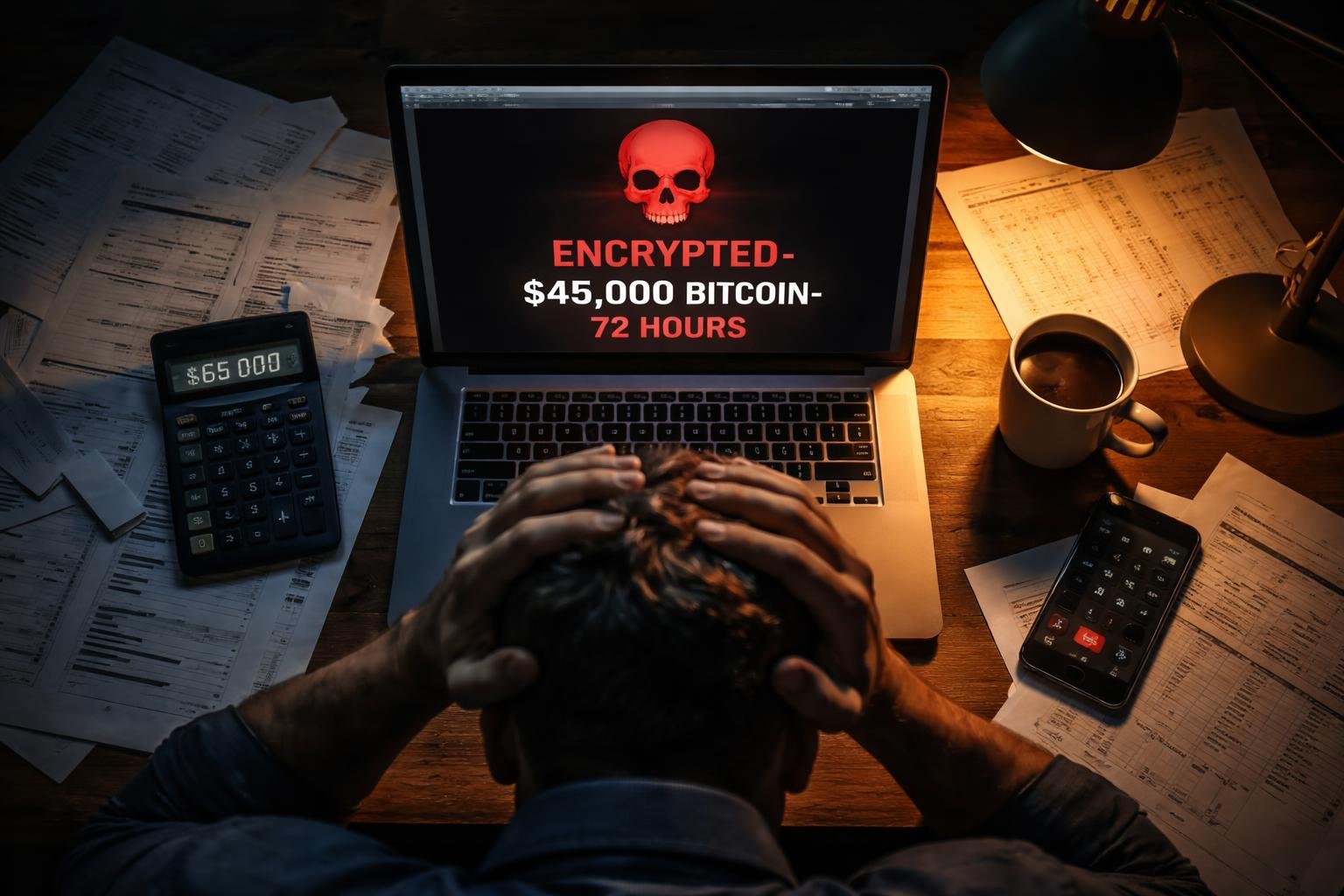 Laptop screen dominates frame showing full-screen ransom note