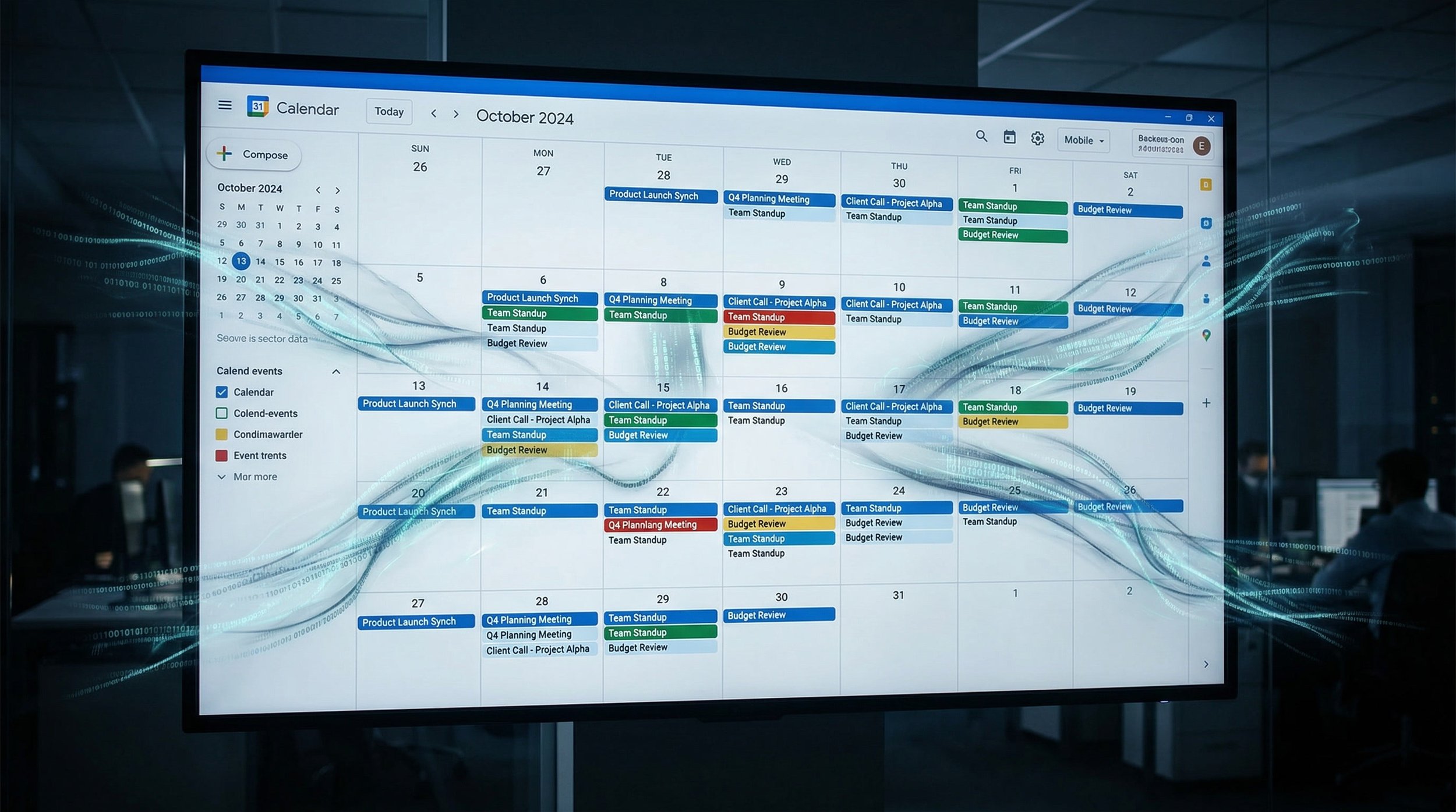 Wide shot of Google Calendar monthly view completely dominating frame, numerous scheduled meetings and events visible. Overlaid ghosted imagery of data being extracted/flowing out from calendar events toward edges of frame like digital tendrils.