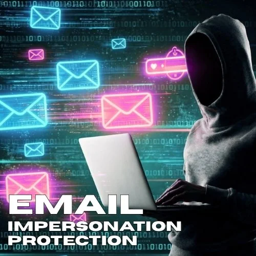 A person wearing a hoodie using a laptop with digital email icons and binary code in the background, emphasizing email impersonation protection.
