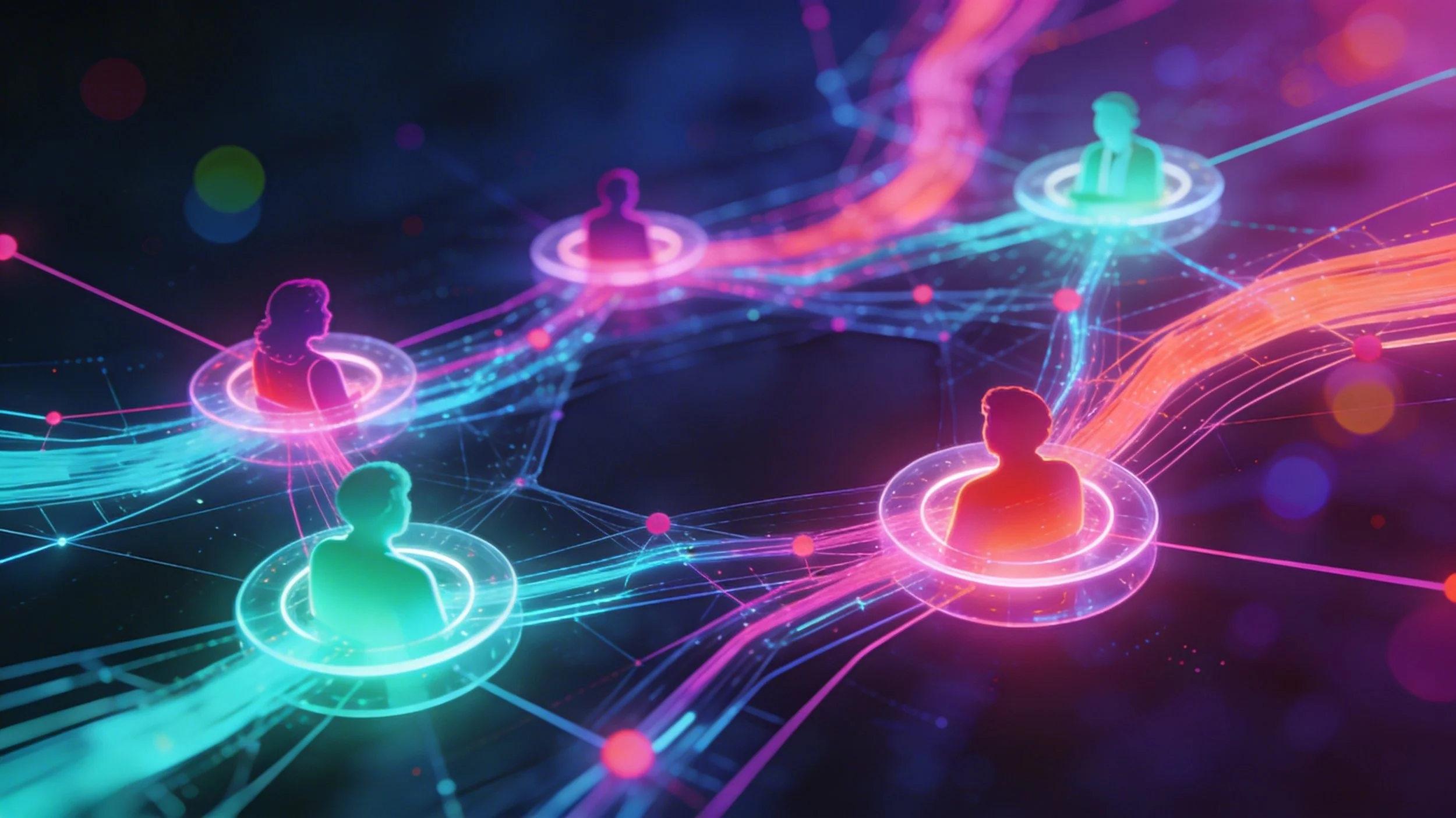 Digital illustration of connected people in a network, with neon-colored outlines and holographic effects, representing virtual communication and data exchange.