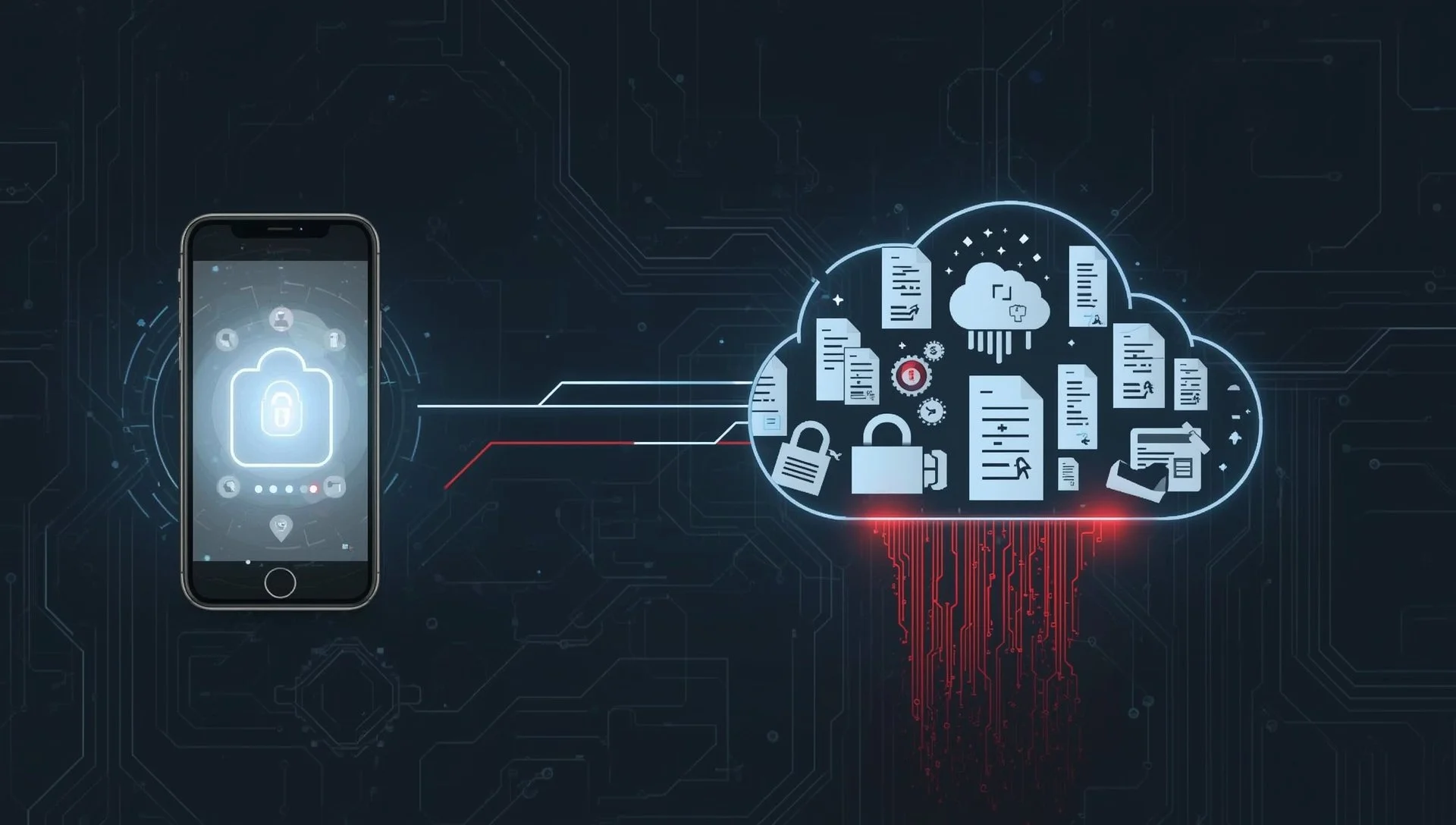 Smartphone connected to cloud storage showing old backup data containing passwords and sensitive information creating security risk