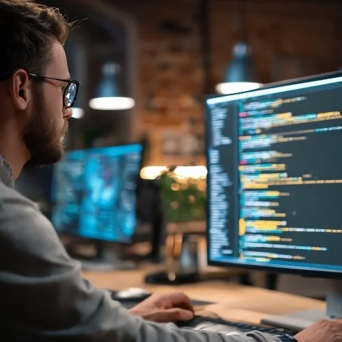 Man working at a computer with code on the monitor in a modern office.