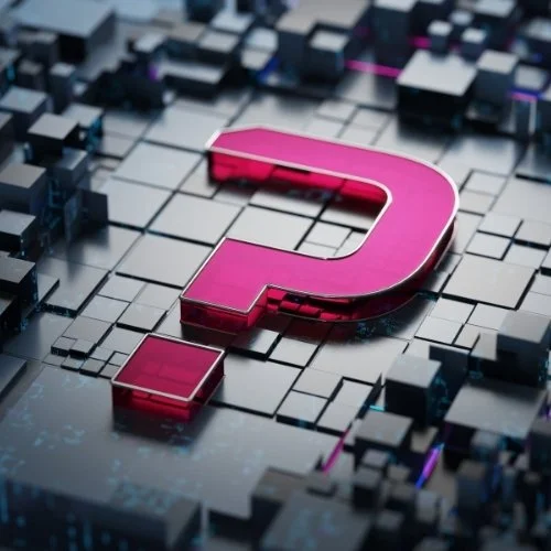 3D pink question mark on a digital cityscape background.