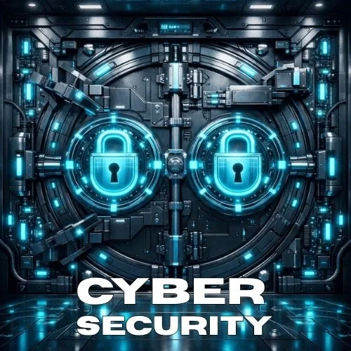 Futuristic digital security vault with glowing padlock icons and the words 'Cyber Security' at the bottom.