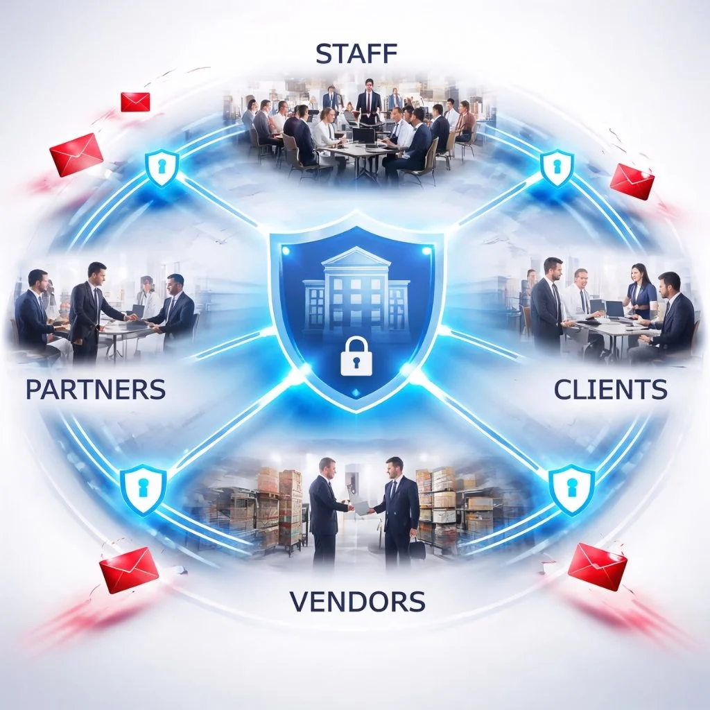 A digital graphic illustrating business security, featuring a central shield with a building and lock icon, surrounded by images of staff, partners, clients, and vendors connected by lines, with email icons and shield icons symbolizing security.