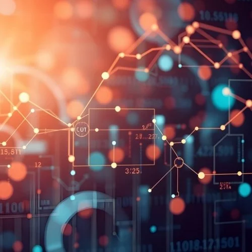 Digital abstract network of interconnected glowing points and lines overlaid on a dark background with data visualizations.
