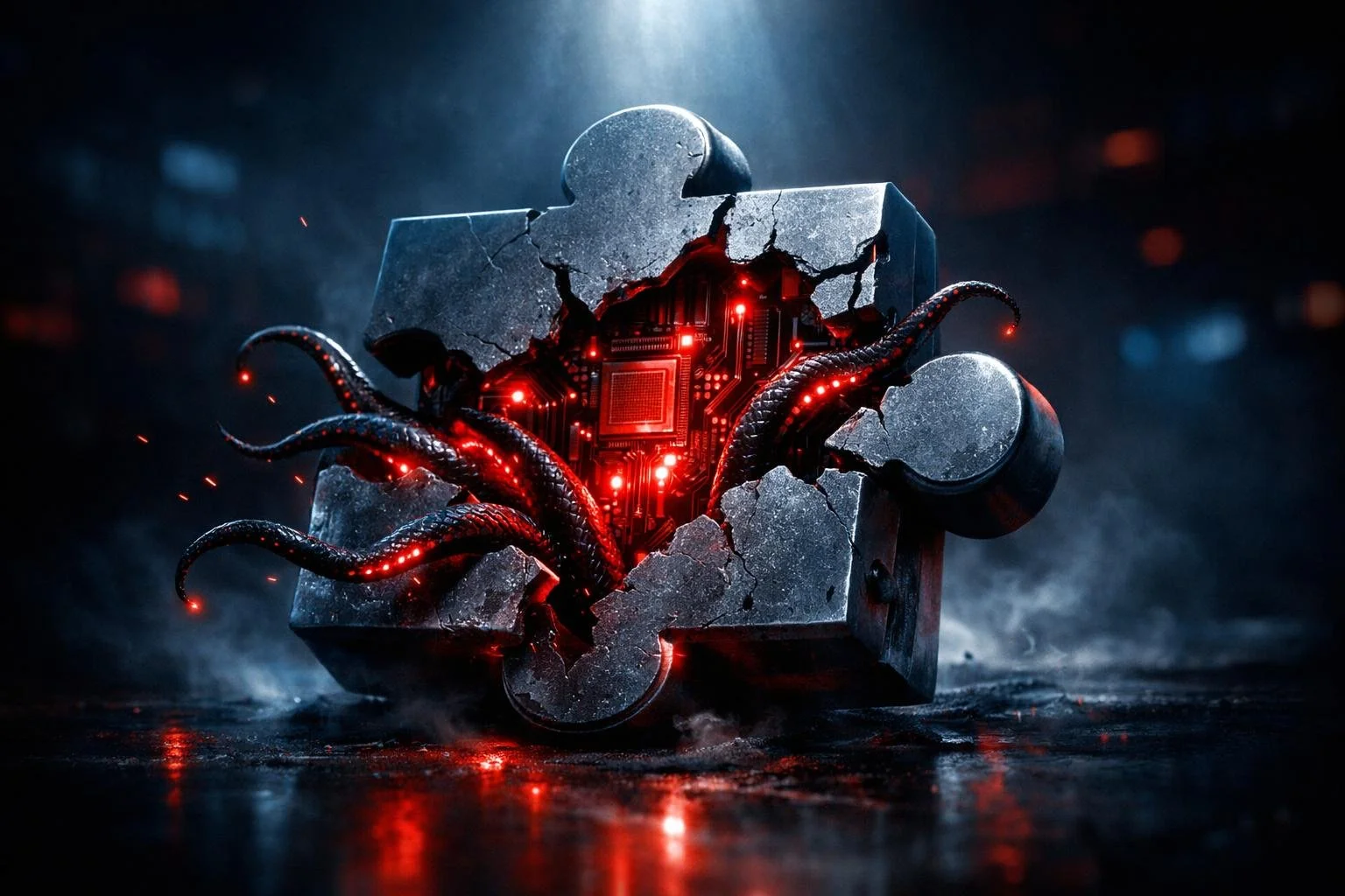 browser extension puzzle piece icon that's cracked open revealing malicious red glowing circuitry and tentacles emerging from inside.