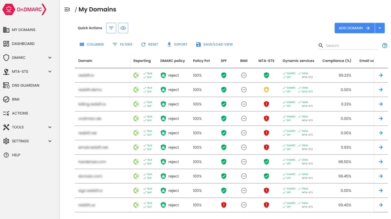 Screenshot of a domain management dashboard showing a list of domains with status icons, policies, and compliance percentages. The interface includes options to add domains, filter views, and export data.