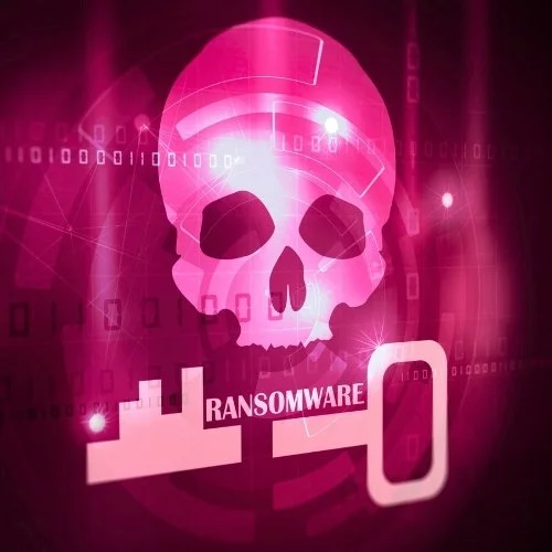 Digital graphic of a pink skull with a key and the word "Ransomware" over a dark pink background with binary code.