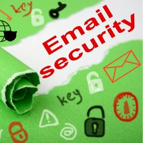 Green paper with digitally added icons and text about email security, including locks, a key, and an envelope.