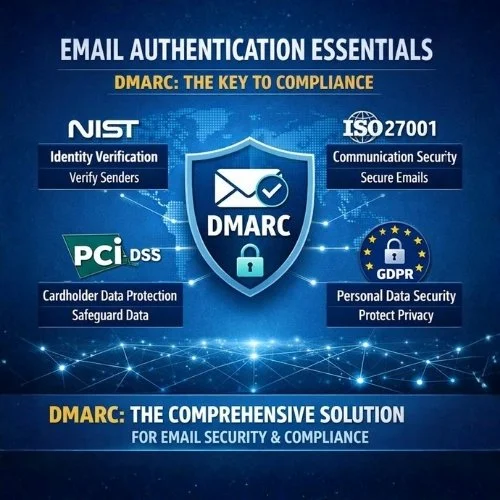 An infographic titled 'Email Authentication Essentials' highlighting DMARC as the key to compliance, featuring icons for NIST, PCI DSS, ISO 27001, and GDPR, with descriptions of their roles in email security and data protection.
