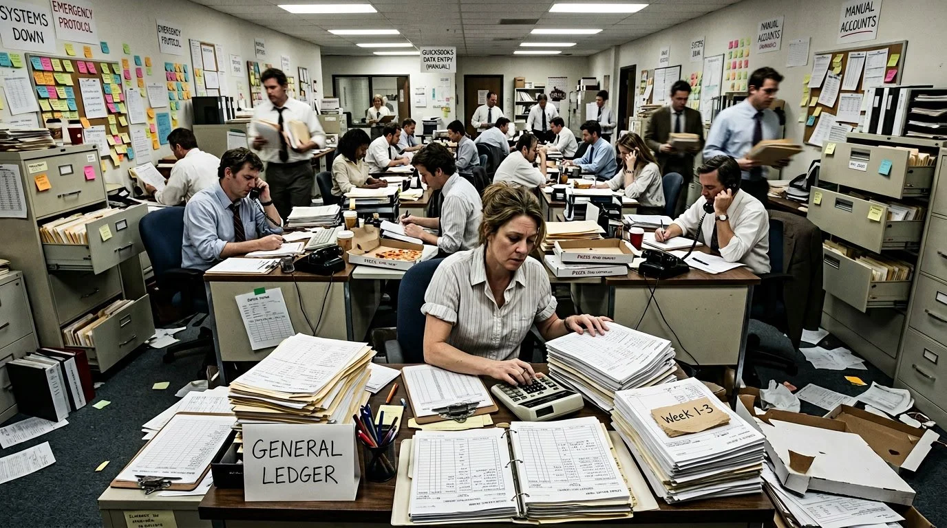 Employees working with paper forms and clipboards (no computers), manual calculators on desks, handwritten order forms scattered everywhere, someone on land line