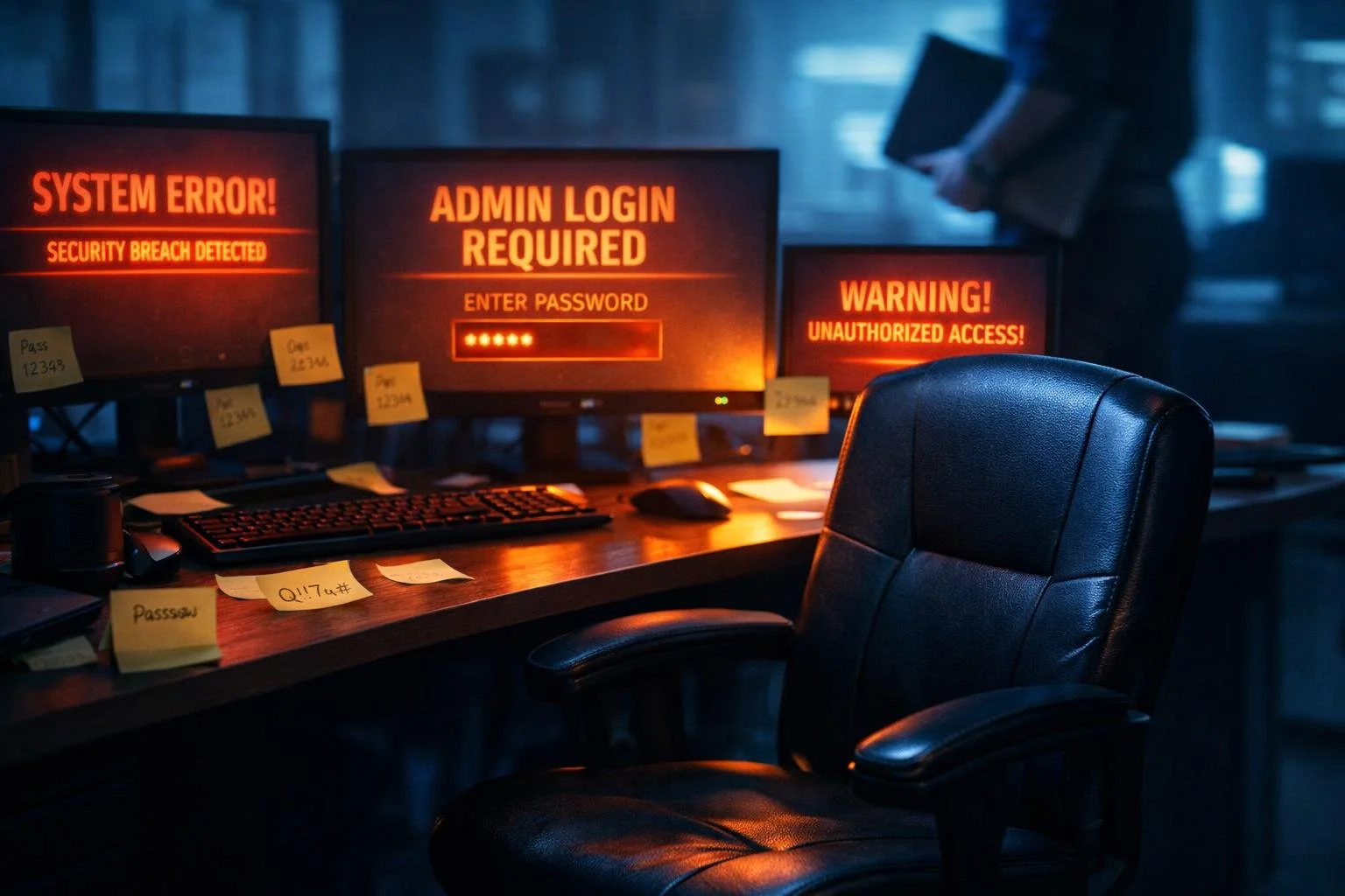 abandoned IT professional's desk in dark office, empty chair pushed back (person just leaving), multiple monitors showing system alert notifications and administrator login