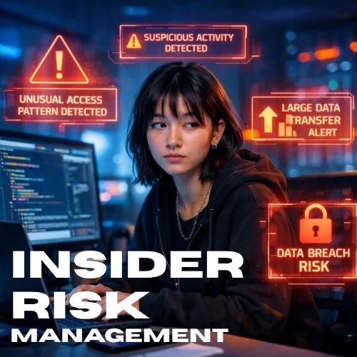 A young woman in a dark hoodie working on a computer in a cybersecurity or hacking environment surrounded by floating digital warning and alert icons, including suspicious activity, unusual access pattern, large data transfer alert, and data breach r
