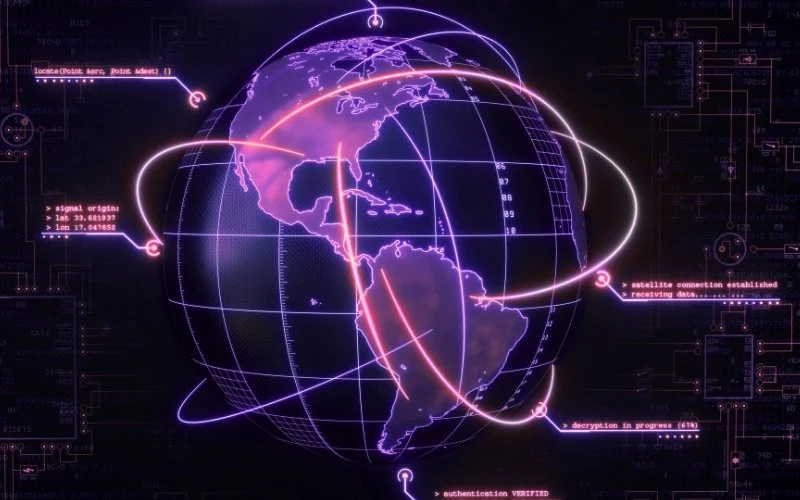 Digital globe of Earth with glowing lines and data points, representing global communication and data transfer, set against a dark tech-style background.