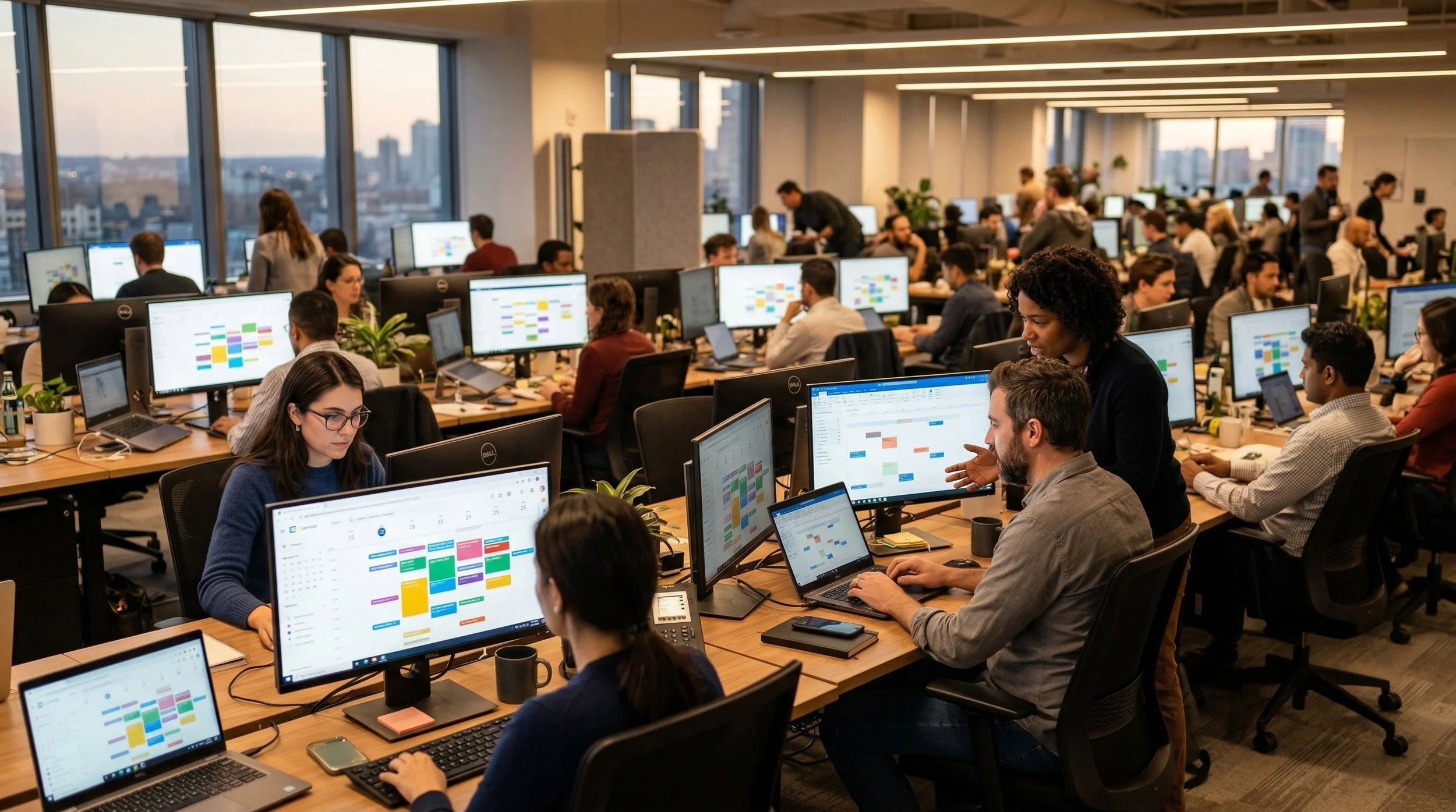 busy office with multiple employees at desks, calendar applications visible on various screens