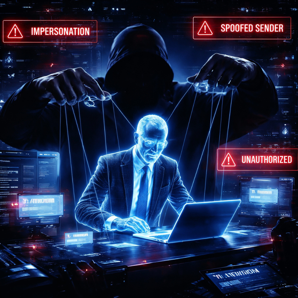 A shadowy figure (impostor) manipulating glowing blue holographic puppet that looks like company CEO, puppet sending emails and making decisions, dark background with ominous control/manipulation vibe.