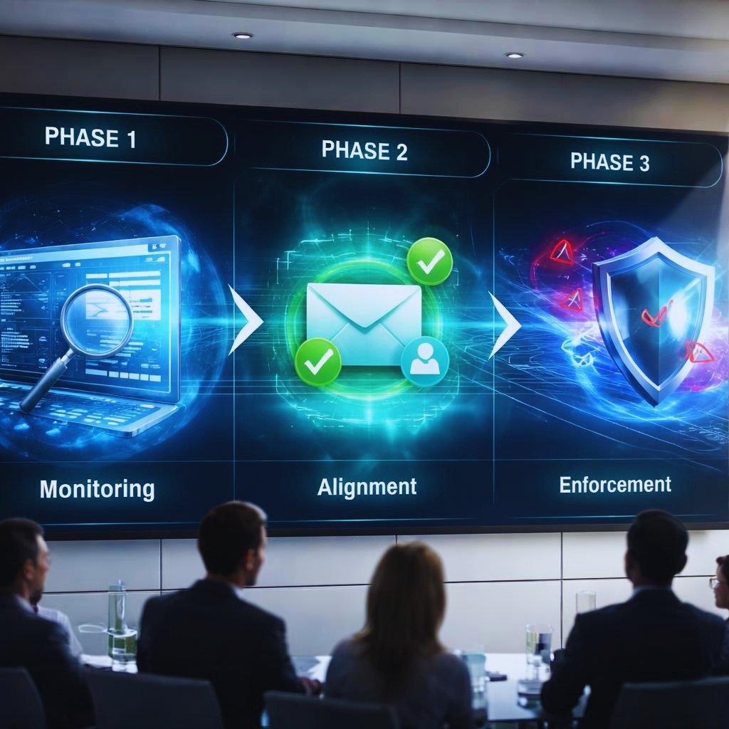 A presentation slide showing three phases of a DMARC Impersonation implementation process: Monitoring, Alignment, and Enforcement. Includes digital graphics depicting technology and security concepts, with people sitting in front of the screen.