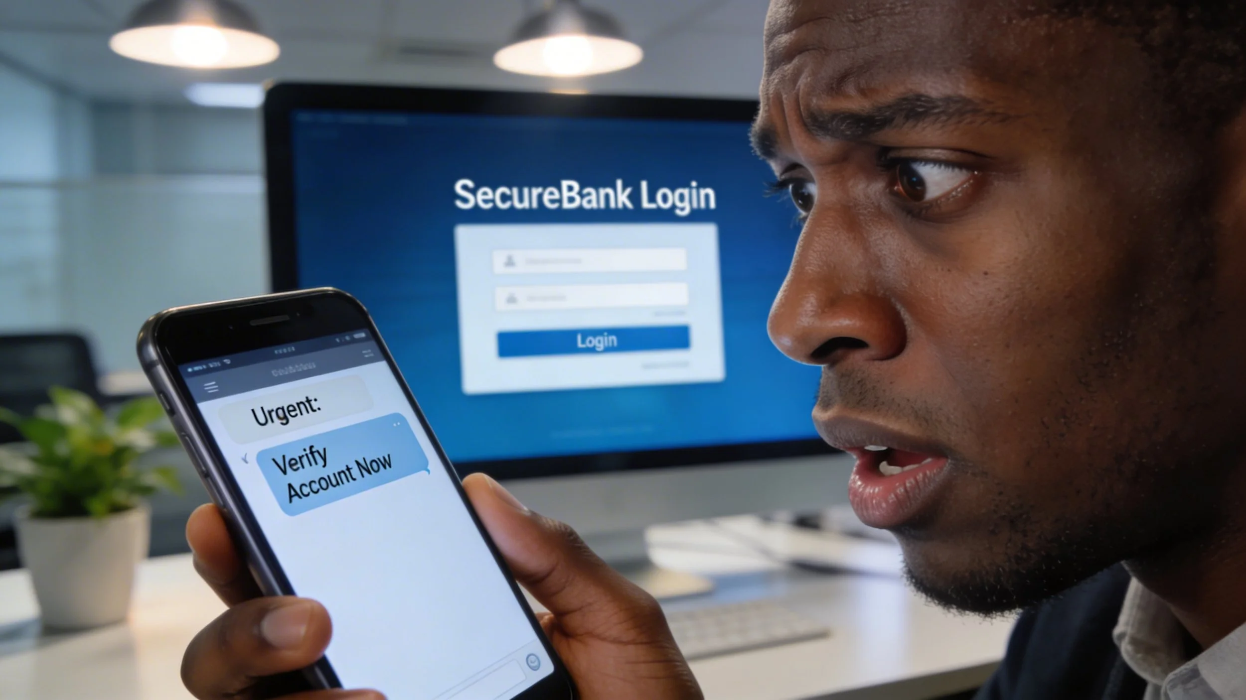 Close-up of person looking at smartphone showing suspicious text message. confused expression. Login screen visible on computer in background.