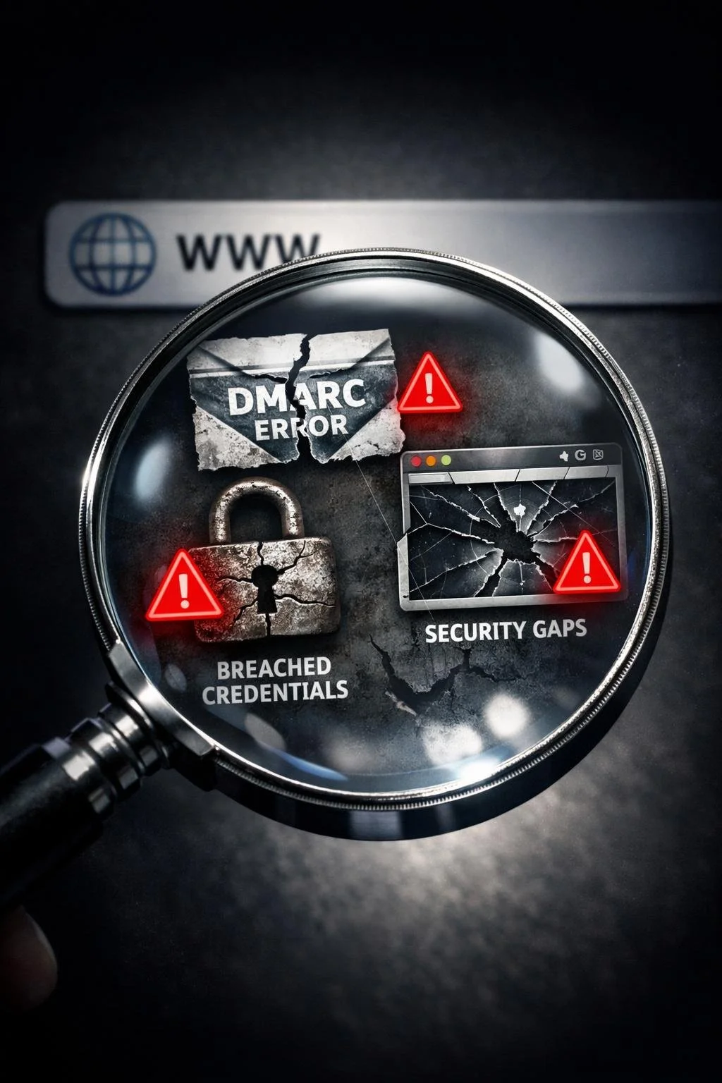 Large magnifying glass examining a domain name or website icon, revealing hidden vulnerabilities underneath.