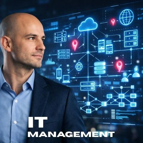A bald man in a suit looking to the side with digital graphics of cloud computing, servers, location pins, and data connections in the background, representing IT management.