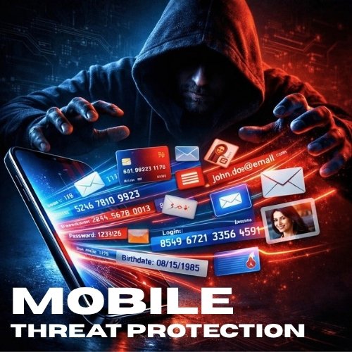 A person in a hoodie with hands reaching toward a smartphone, surrounded by floating digital icons representing emails, passwords, login info, and financial data, with the caption "Mobile Threat Protection".