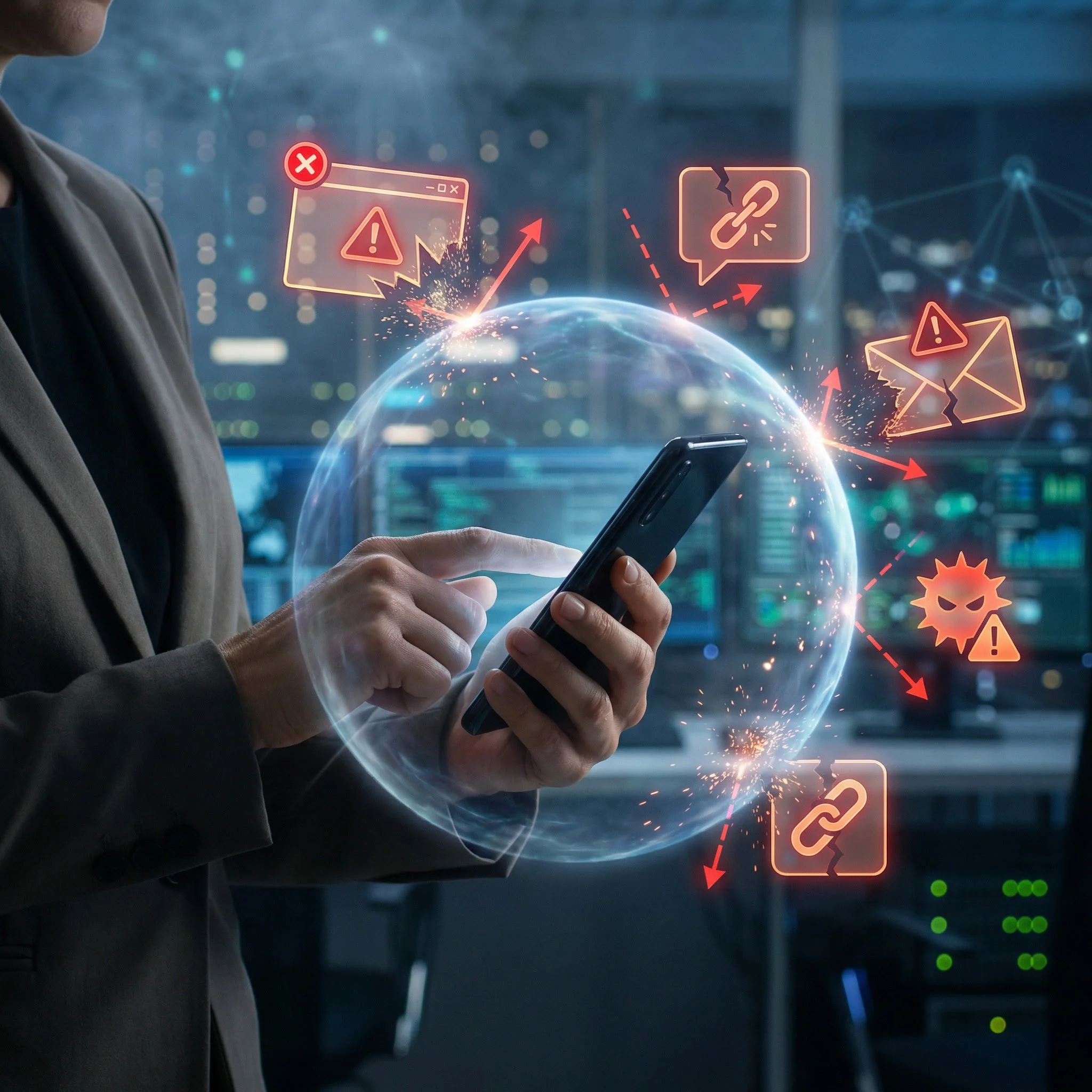 A person in a business suit holding a smartphone, with digital icons and warning symbols floating around, representing cybersecurity threats.