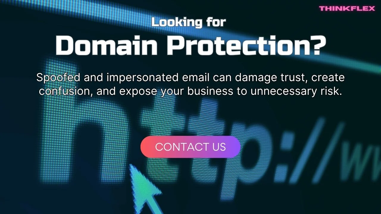Advert with web address in background, text displays "Looking for  Domain Protection?" - contact us