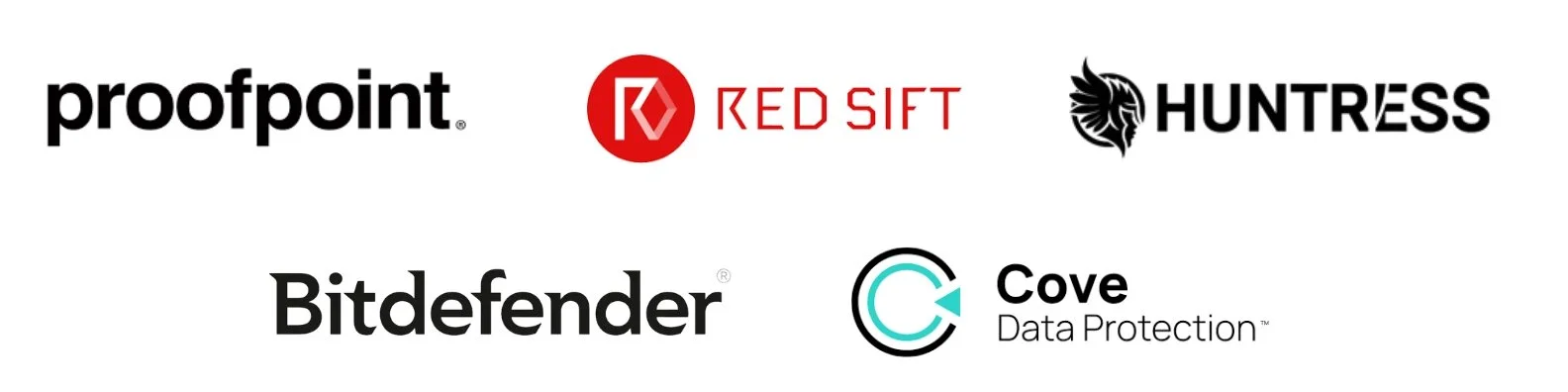 Logos of five cybersecurity companies: Proofpoint, Red Sift, Huntress, Bitdefender, and Cove Data Protection.