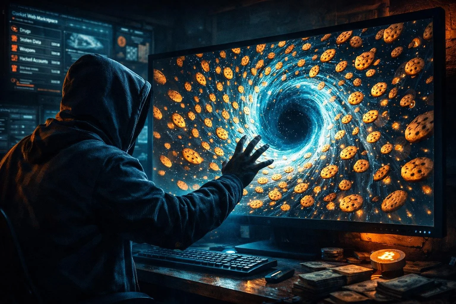 hooded figure in dark room illuminated only by blue monitor glow, reaching hand toward screen where thousands of glowing cookie icons are being pulled into a swirling vortex