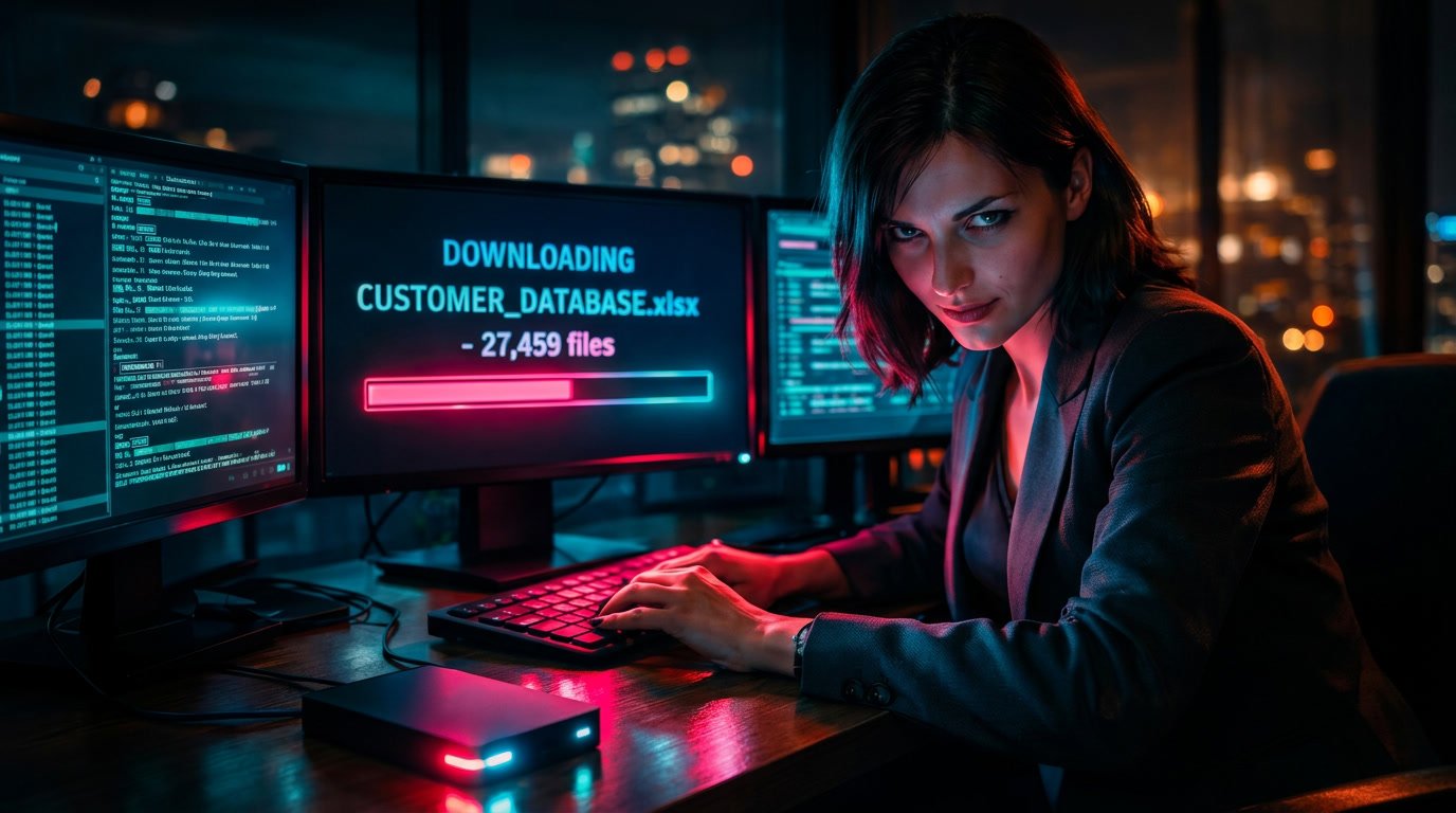 Woman in a black blazer working on a computer with multiple monitors, one displaying a download progress bar for a file named CUSTOMER_DATABASE.xlsx, in a high-rise office at night.