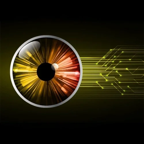 Digital abstract with a circular light and lines representing data transfer or technology.