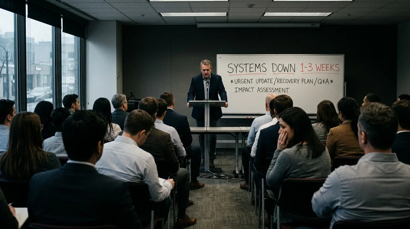 Wide cinematic shot of uncomfortable all-hands meeting. Business owner standing at front of conference room addressing seated employee