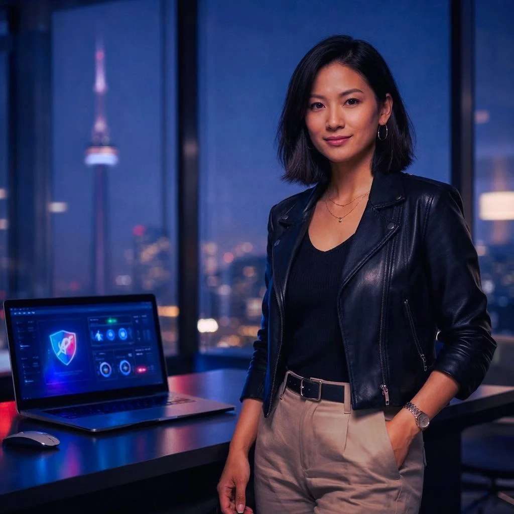 A woman with shoulder-length black hair, dressed in a black leather jacket, black top, and beige pants standing in an office with a cityscape view at night. A laptop with a digital shield logo and a mouse are on the desk.