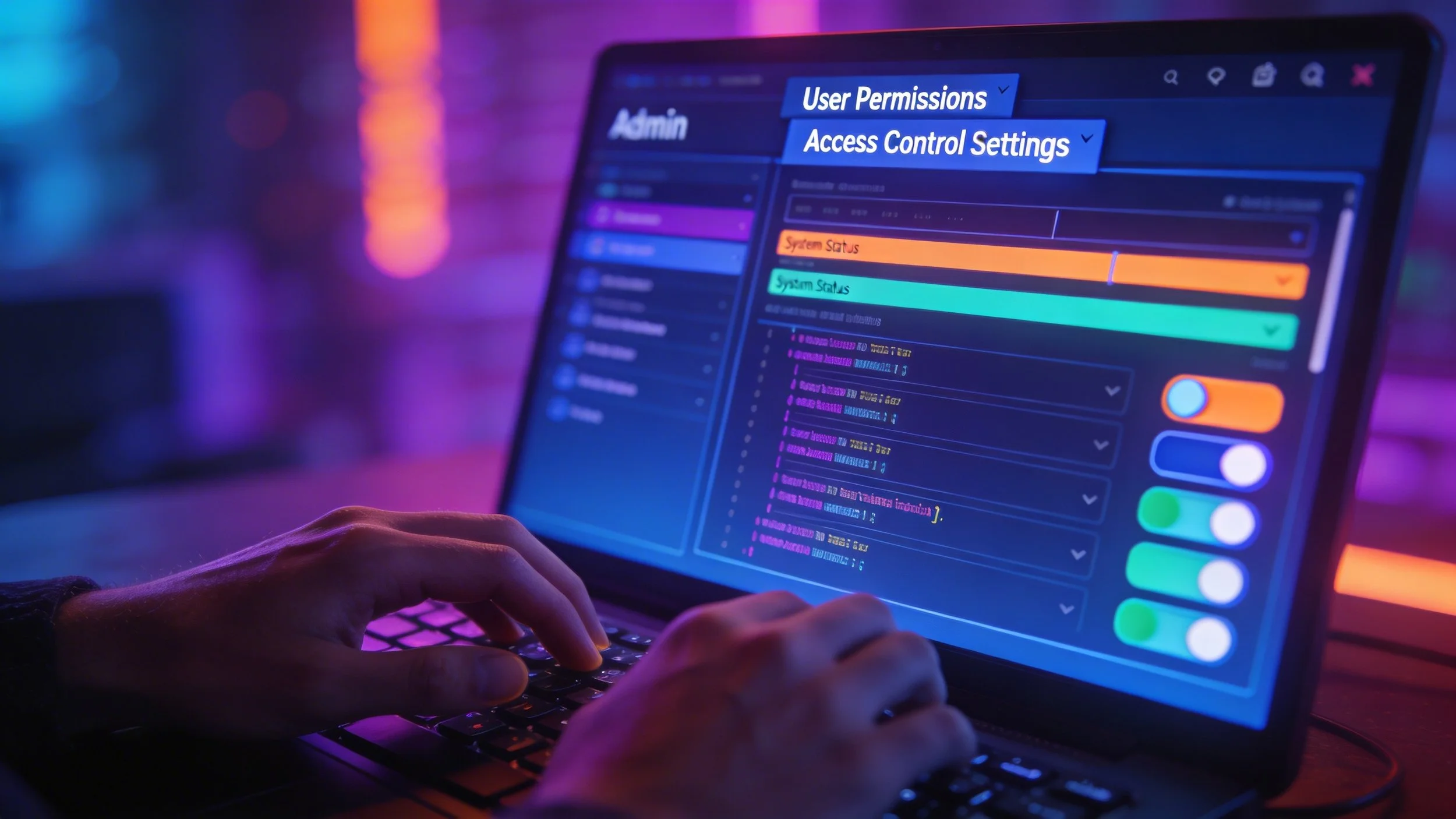 Close-up of screen showing admin panel, user permissions, or access control settings. Hands on keyboard managing systems.