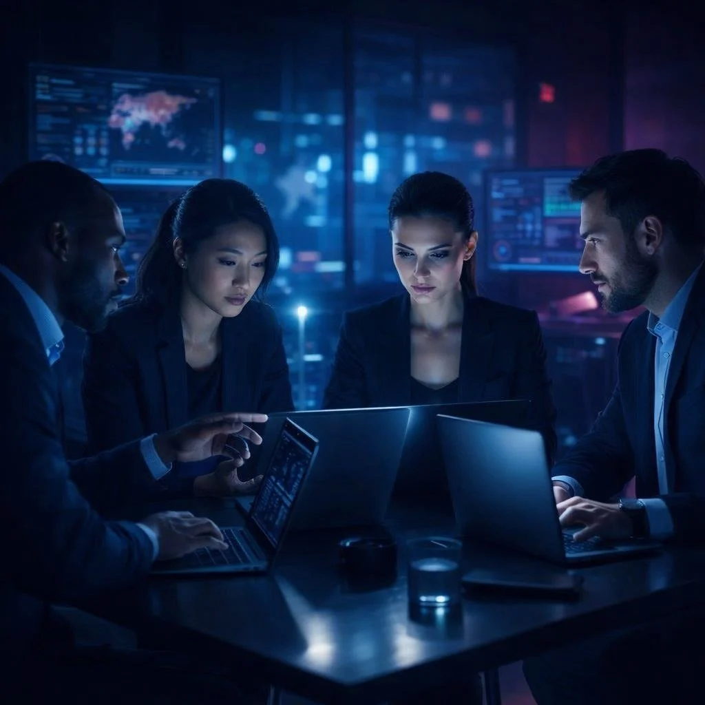 A group of four diverse professionals working together in a dark, high-tech office with multiple computer screens showing data and maps.