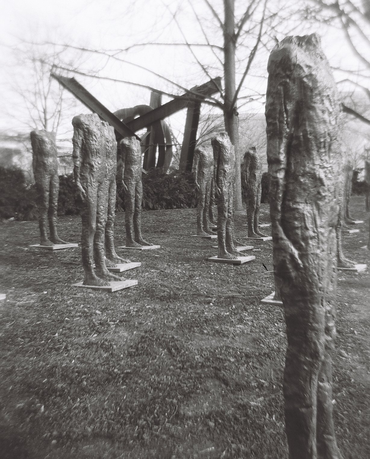Outdoor art installation featuring multiple life-size human figures with textured surfaces, displayed in a straight line on a dirt ground, with leafless trees and a structure in the background.
