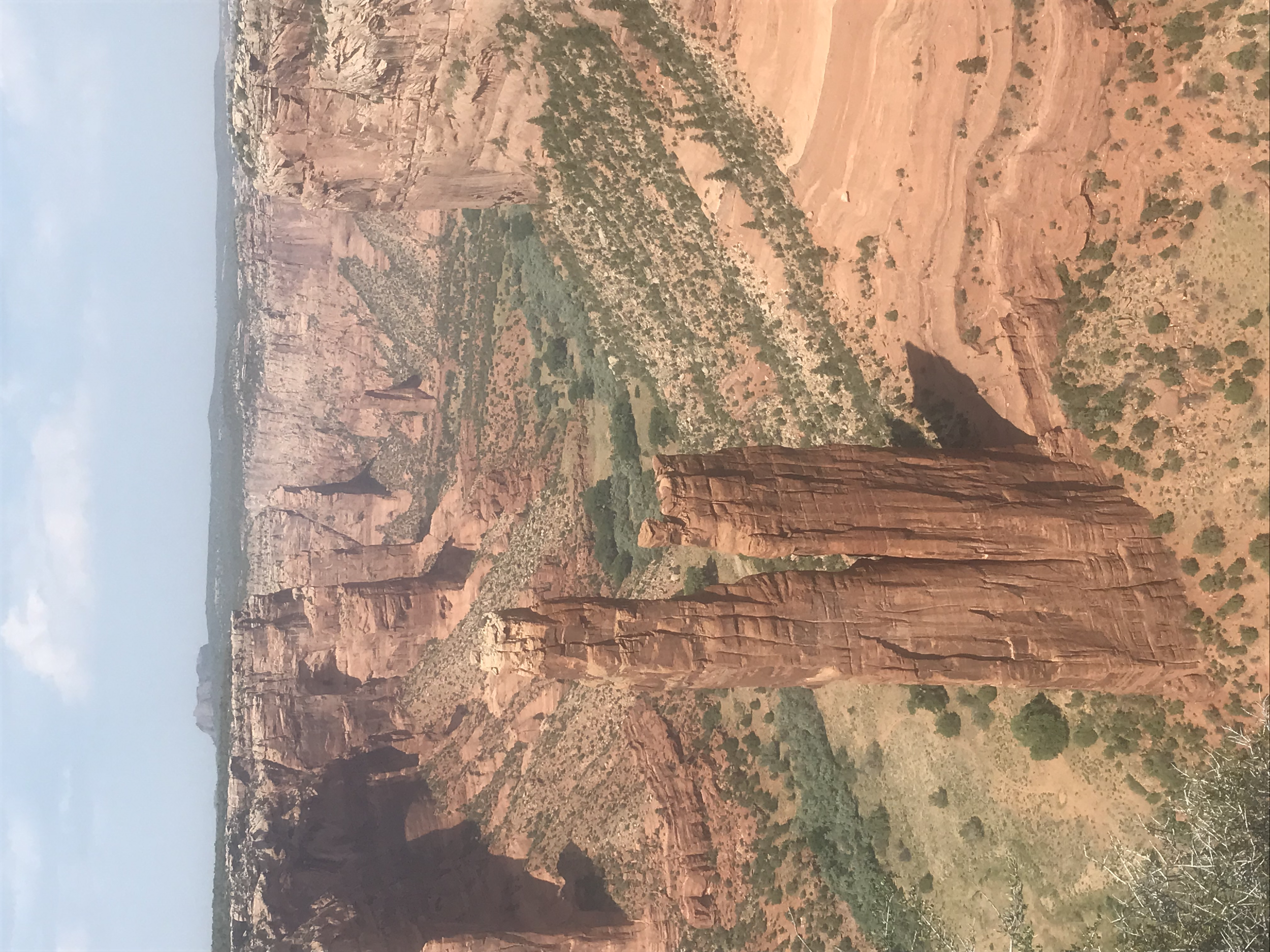Red rock formations and canyons in a desert landscape with sparse green vegetation under a partly cloudy sky.