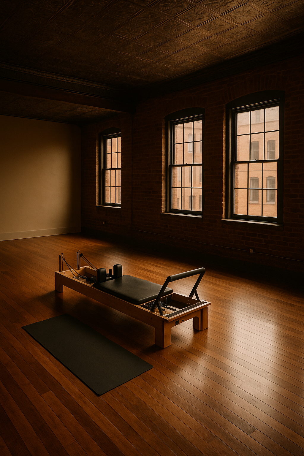 A dimly lit Pilates reformer machine on a wooden floor in an empty room with large windows and exposed brick walls.