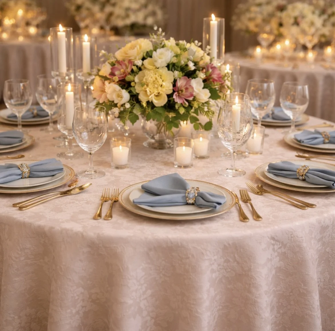Elegant tablescape with pink Floral Jacquard linens, blue napkins, candles, and pastel floral arrangement