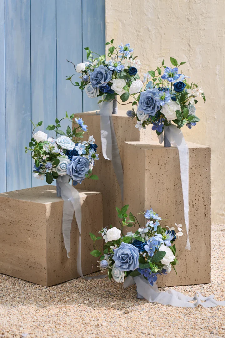 French blue and white bridesmaid bouquets
