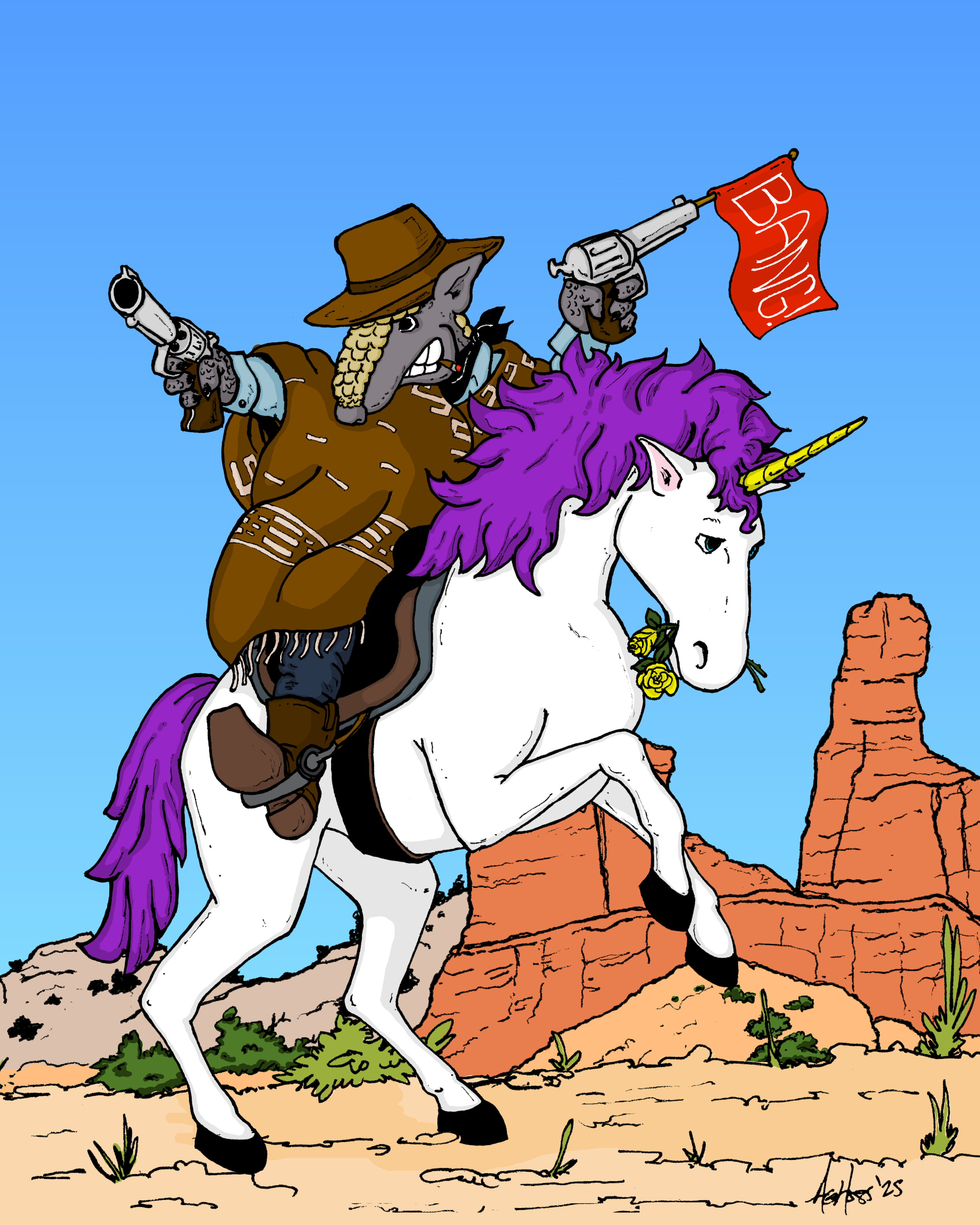 Outlaw Armadillo riding a Unicorn