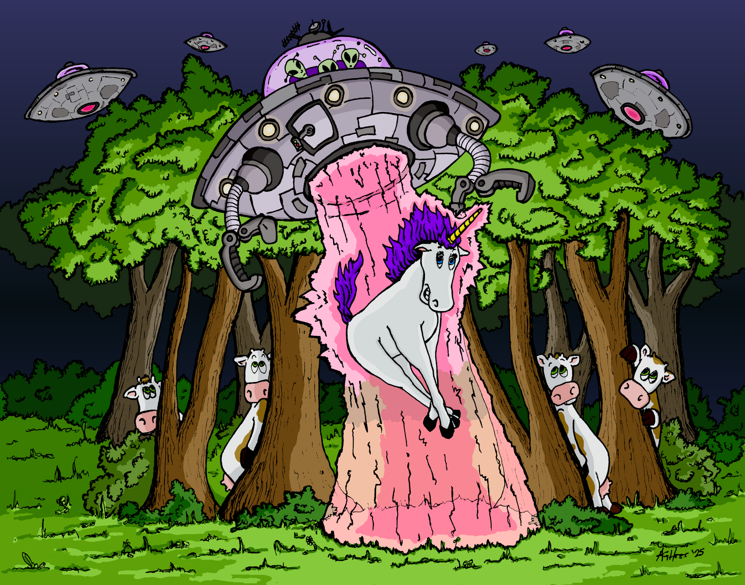 UFO beaming up unicorn as cows hide behind trees