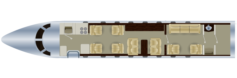 Top-down view of a plane interior showing seating arrangements, kitchenette, and cockpit.