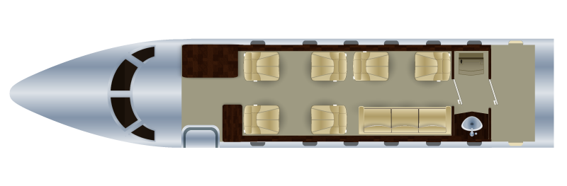 Interior layout of an airplane cabin with rows of beige seats, a side lounge area, and a small table near the rear.